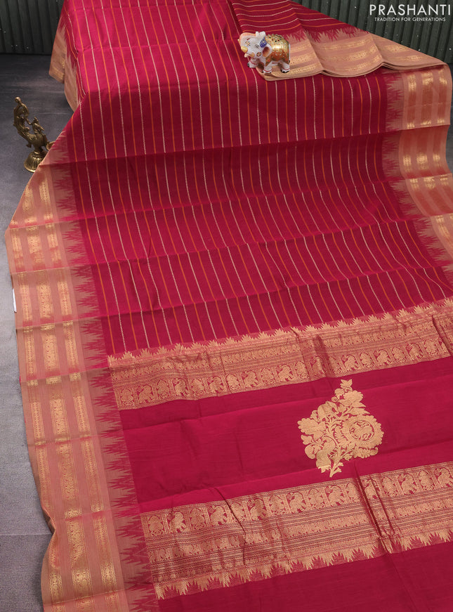 Kanchi cotton saree dark pink and beige with allover thread woven stripes pattern and temple design zari woven border