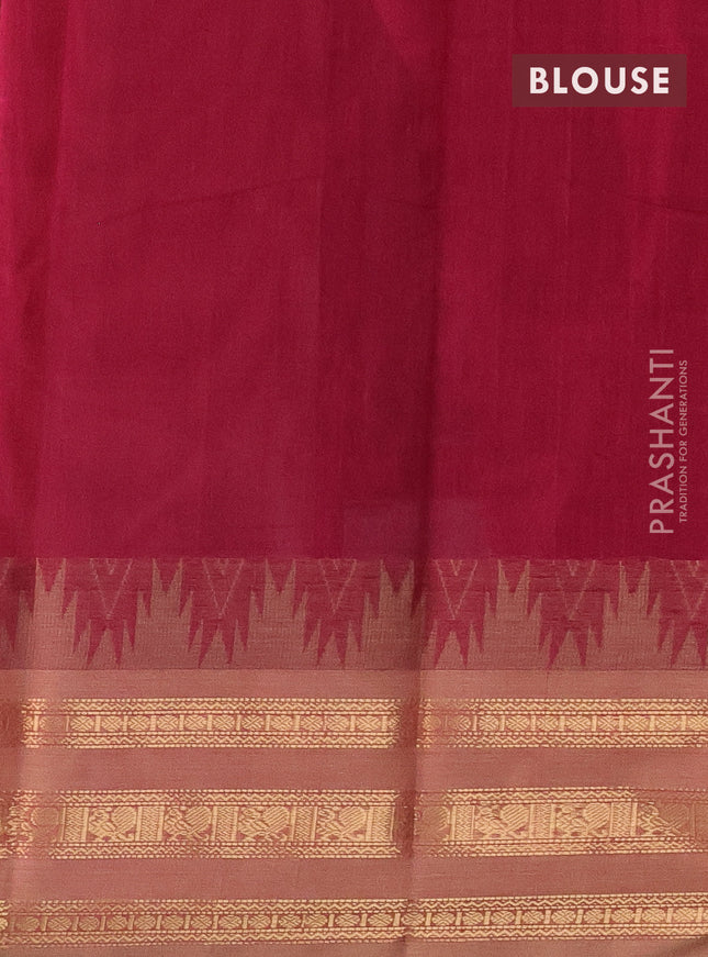 Kanchi cotton saree dark pink and beige with allover thread woven stripes pattern and temple design zari woven border