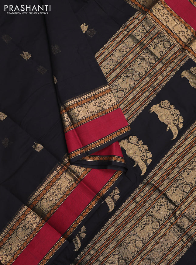 Kanchi cotton saree black and maroon with annam zari woven buttas and rettapet zari woven border