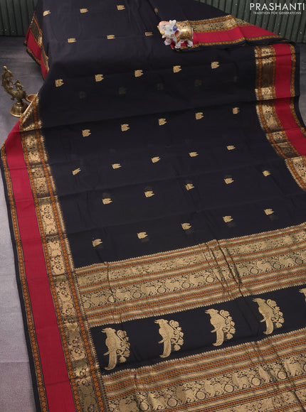 Kanchi cotton saree black and maroon with annam zari woven buttas and rettapet zari woven border