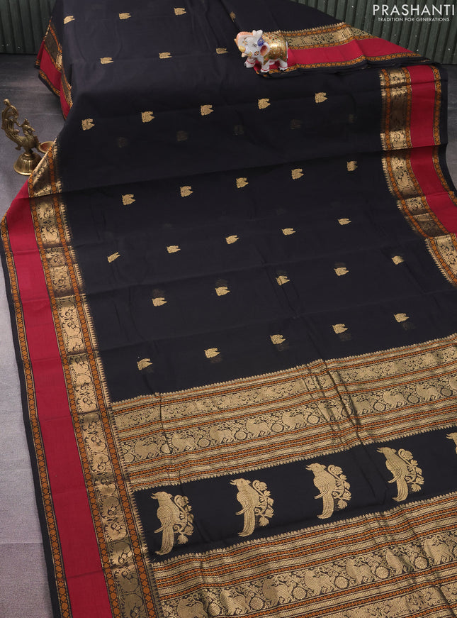 Kanchi cotton saree black and maroon with annam zari woven buttas and rettapet zari woven border
