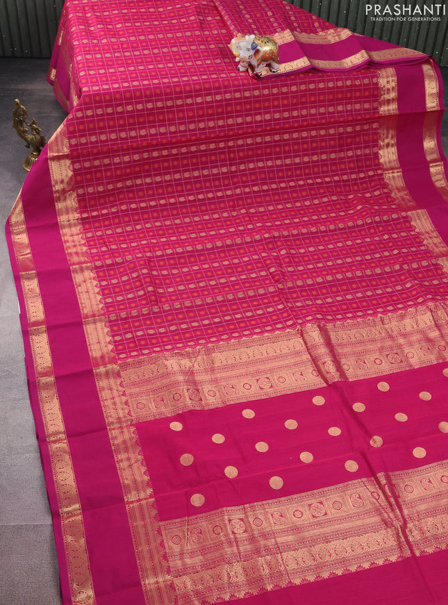 Kanchi cotton saree magenta pink with allover thread woven checks & 1000 buttas and rettapet zari woven border