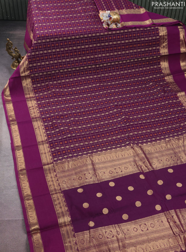 Kanchi cotton saree purple with allover thread woven checks & 1000 buttas and rettapet zari woven border