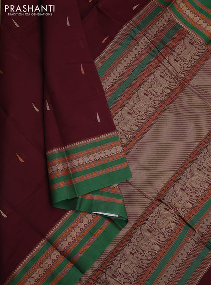 Kanchi cotton saree maroon and green with thread woven buttas and thread woven border