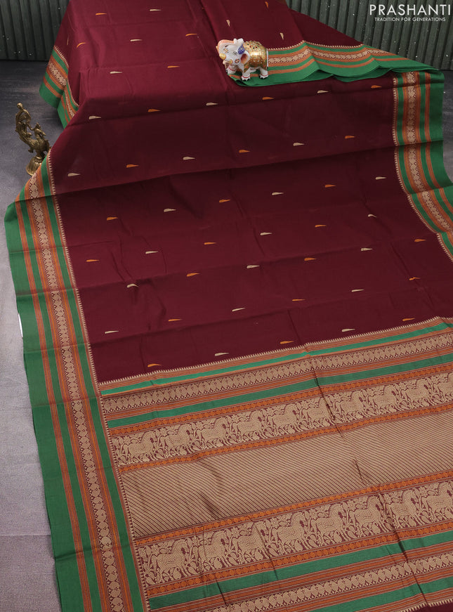 Kanchi cotton saree maroon and green with thread woven buttas and thread woven border