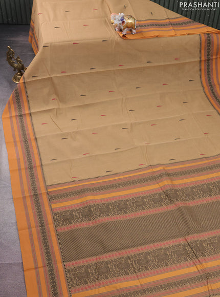 Kanchi cotton saree beige and mustard shade with thread woven buttas and thread woven border
