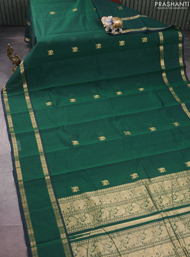Kanchi cotton saree green with zari woven buttas and rettapet zari woven border