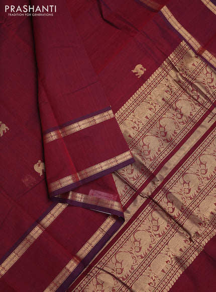 Kanchi cotton saree maroon with plain body and rettapet zari woven border