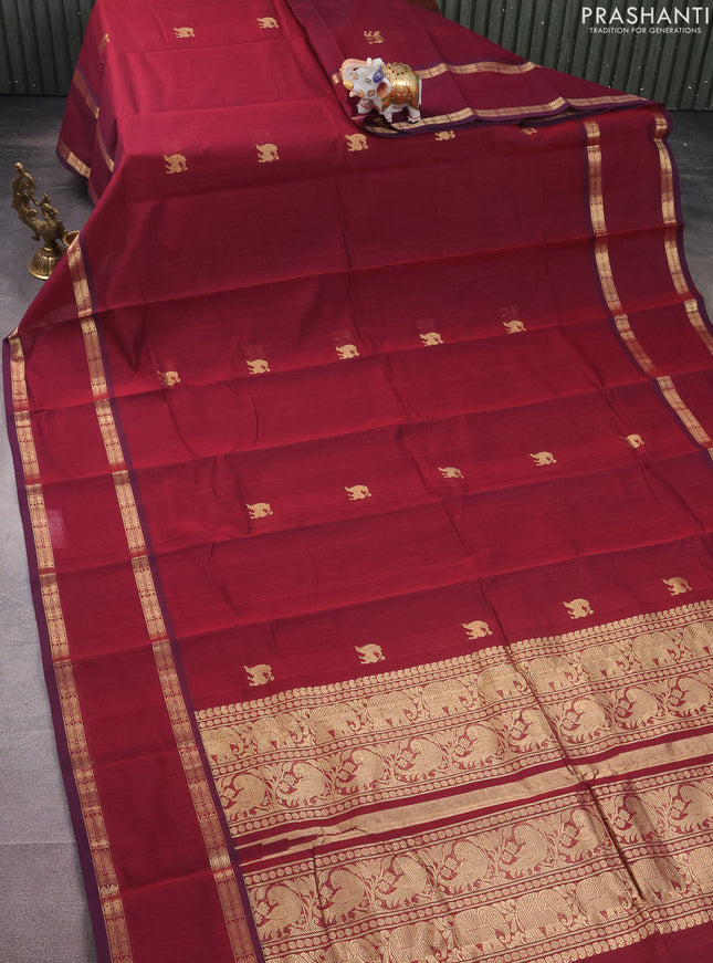 Kanchi cotton saree maroon with plain body and rettapet zari woven border