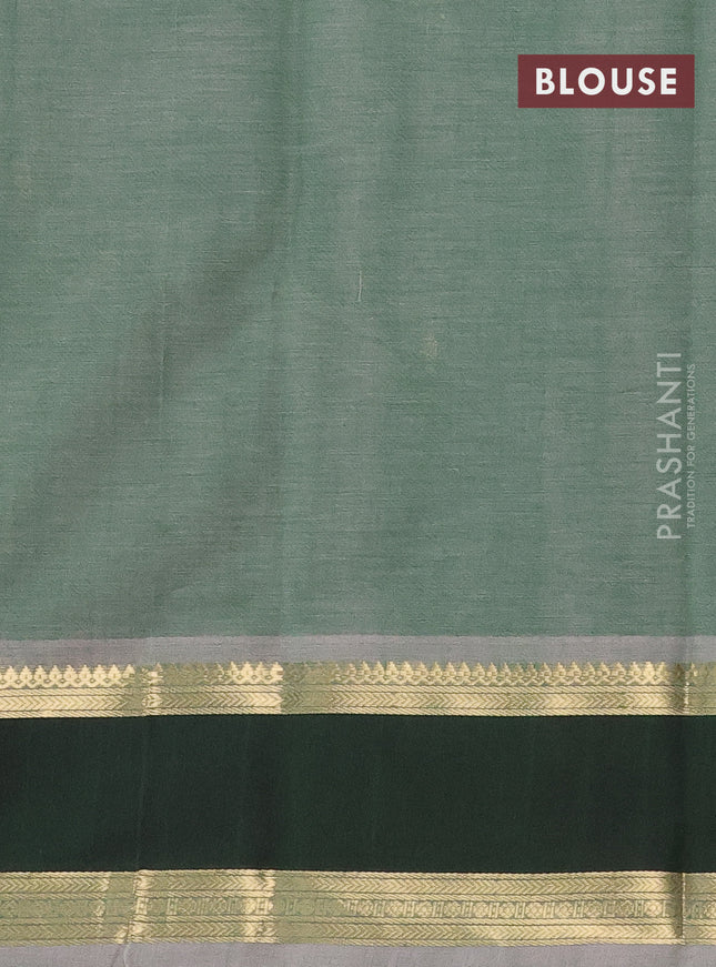 Kanchi cotton saree pastel green and dark green with plain body and rettapet zari woven border