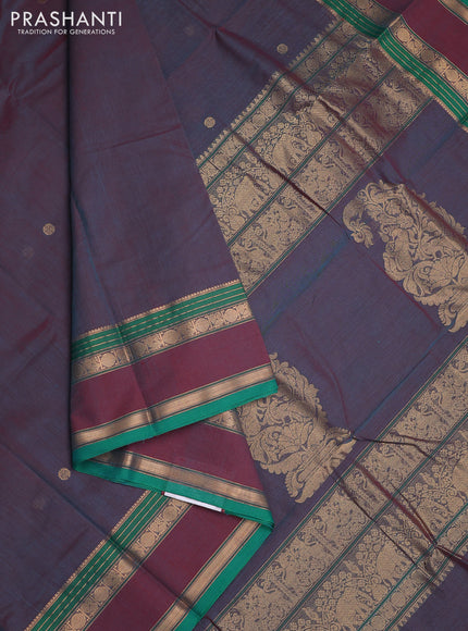 Kanchi cotton saree dual shade of peacock blue and green with plain body and rettapet zari woven border