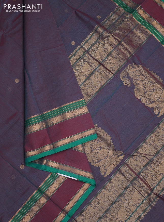 Kanchi cotton saree dual shade of peacock blue and green with plain body and rettapet zari woven border