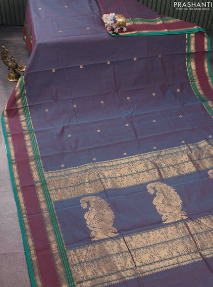 Kanchi cotton saree dual shade of peacock blue and green with plain body and rettapet zari woven border