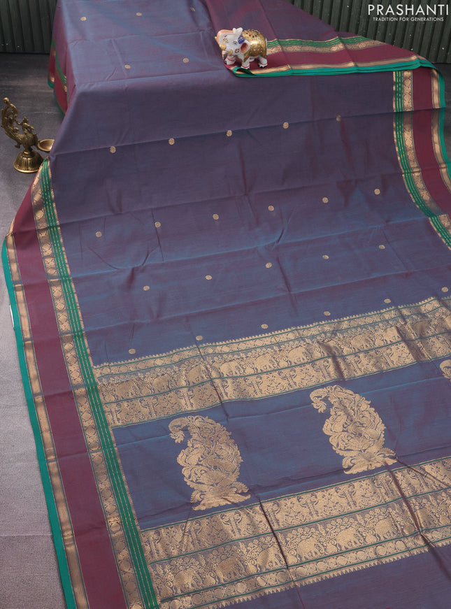 Kanchi cotton saree dual shade of peacock blue and green with plain body and rettapet zari woven border