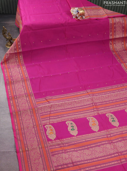 Kanchi cotton saree pink with woven buttas and long woven border