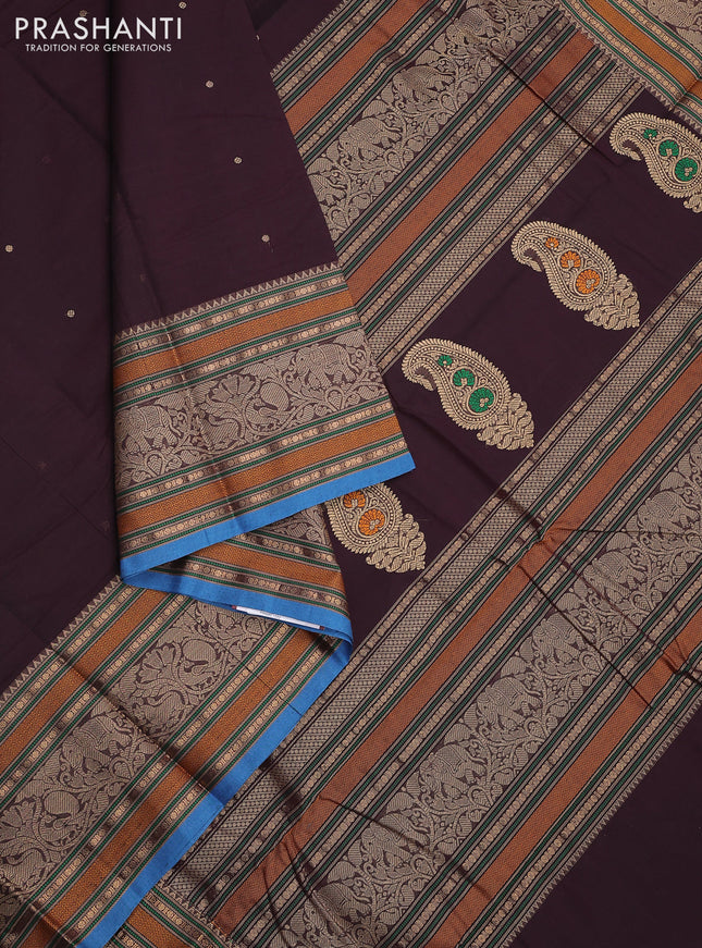 Kanchi cotton saree deep wine shade and cs blue with woven buttas and long woven border
