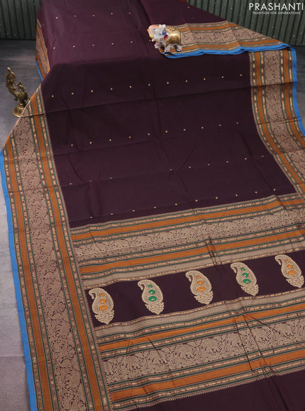 Kanchi cotton saree deep wine shade and cs blue with woven buttas and long woven border