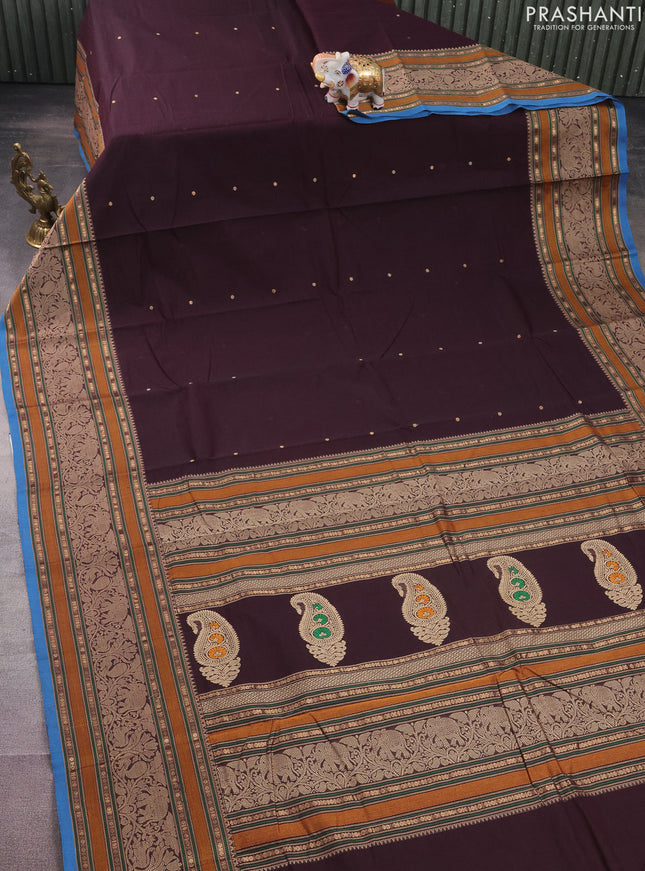 Kanchi cotton saree deep wine shade and cs blue with woven buttas and long woven border