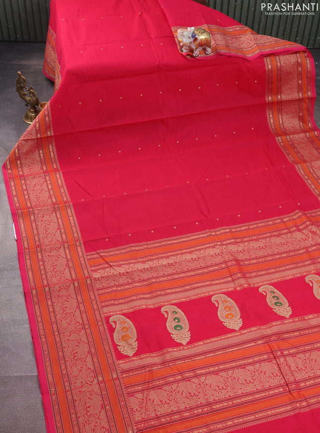 Kanchi cotton saree pink with woven buttas and long woven border