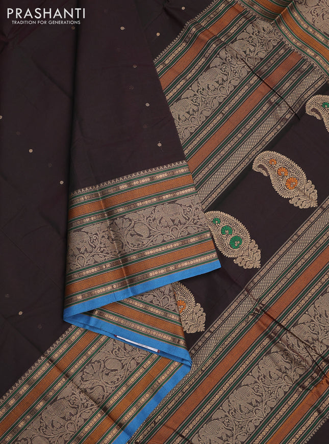 Kanchi cotton saree dual shade of bottle green and cs blue with woven buttas and long woven border