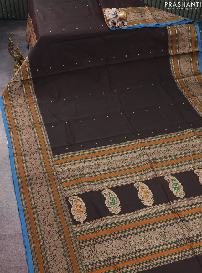 Kanchi cotton saree dual shade of bottle green and cs blue with woven buttas and long woven border