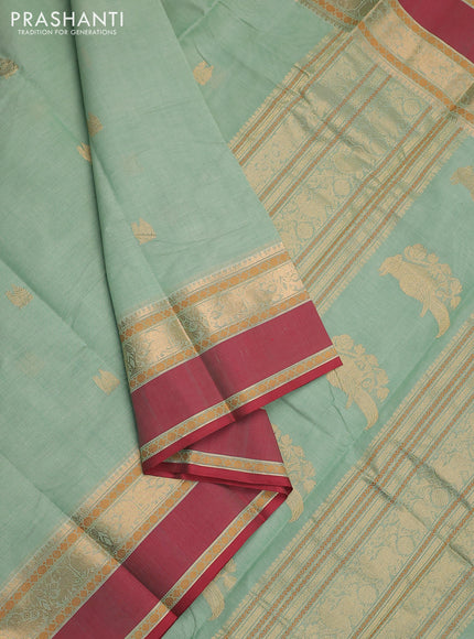 Kanchi cotton saree pastel green and maroon with annam zari woven buttas and rettapet zari woven border