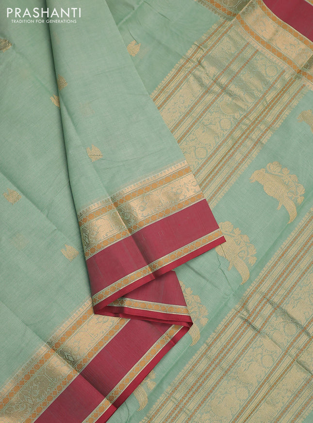 Kanchi cotton saree pastel green and maroon with annam zari woven buttas and rettapet zari woven border