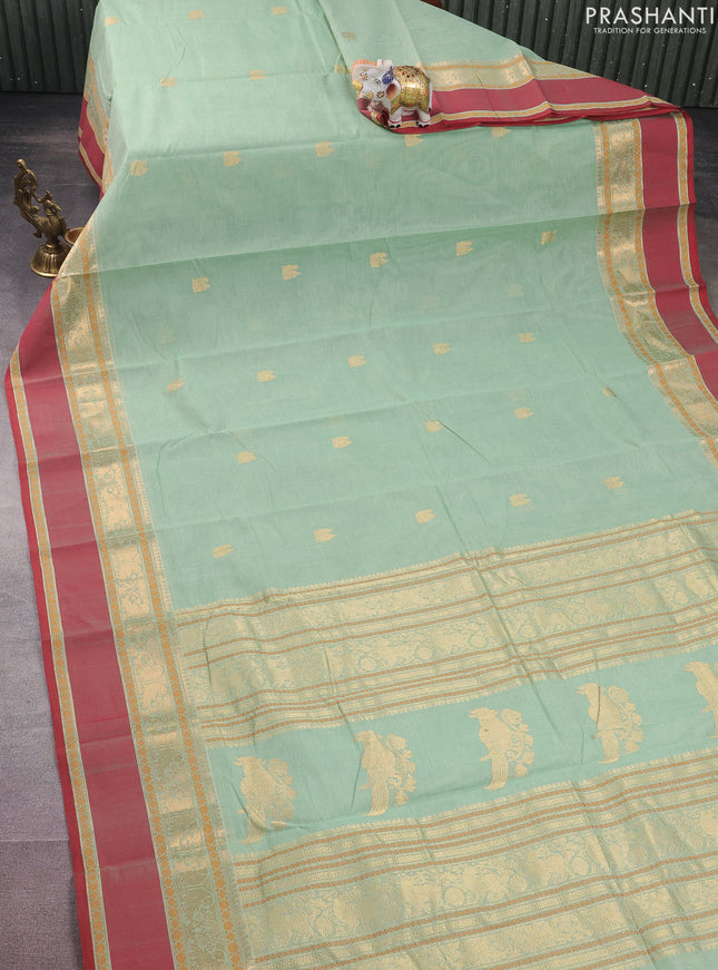 Kanchi cotton saree pastel green and maroon with annam zari woven buttas and rettapet zari woven border