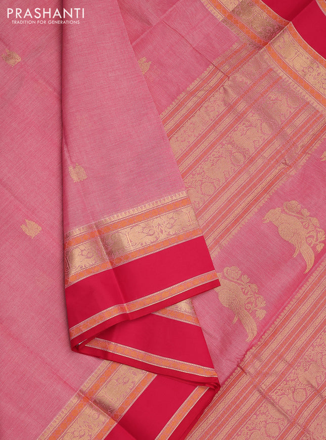 Kanchi cotton saree peach shade and pink with annam zari woven buttas and rettapet zari woven border
