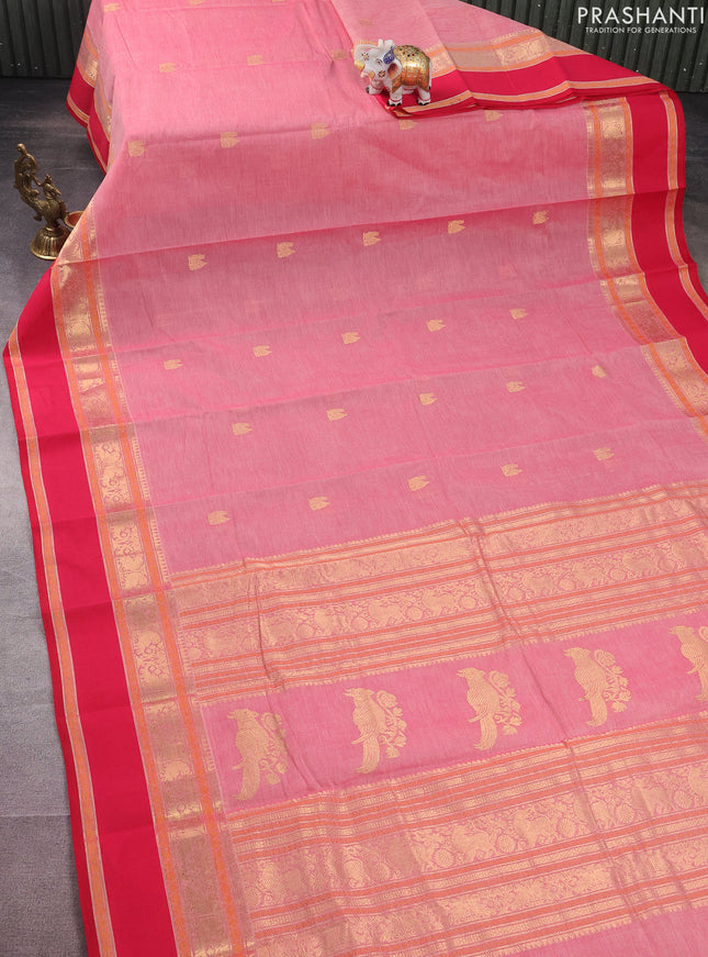 Kanchi cotton saree peach shade and pink with annam zari woven buttas and rettapet zari woven border