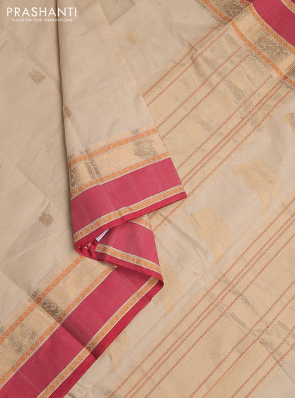 Kanchi cotton saree cream and red with annam zari woven buttas and rettapet zari woven border