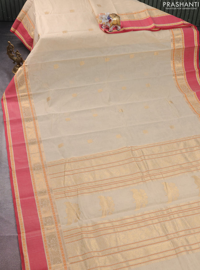 Kanchi cotton saree cream and red with annam zari woven buttas and rettapet zari woven border