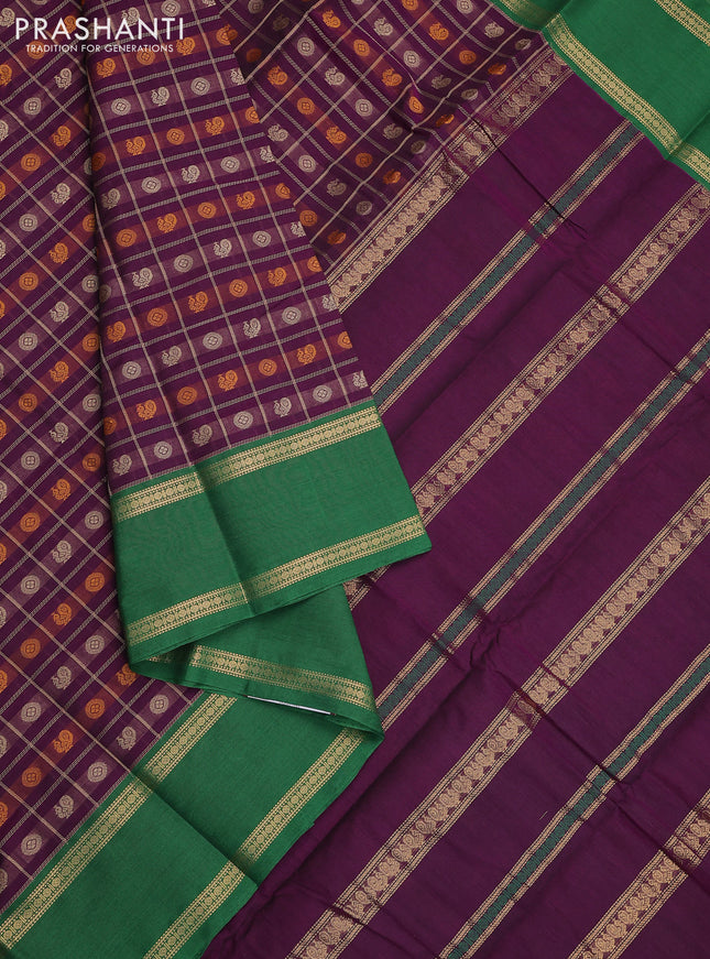 Kanchi cotton saree purple and green with allover thread checks & 1000 buttas and rettapet zari woven border