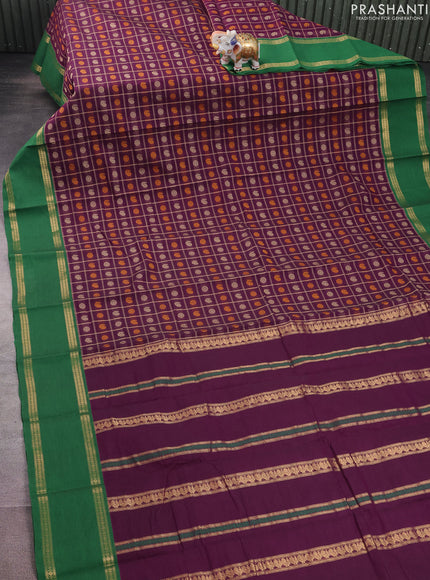 Kanchi cotton saree purple and green with allover thread checks & 1000 buttas and rettapet zari woven border