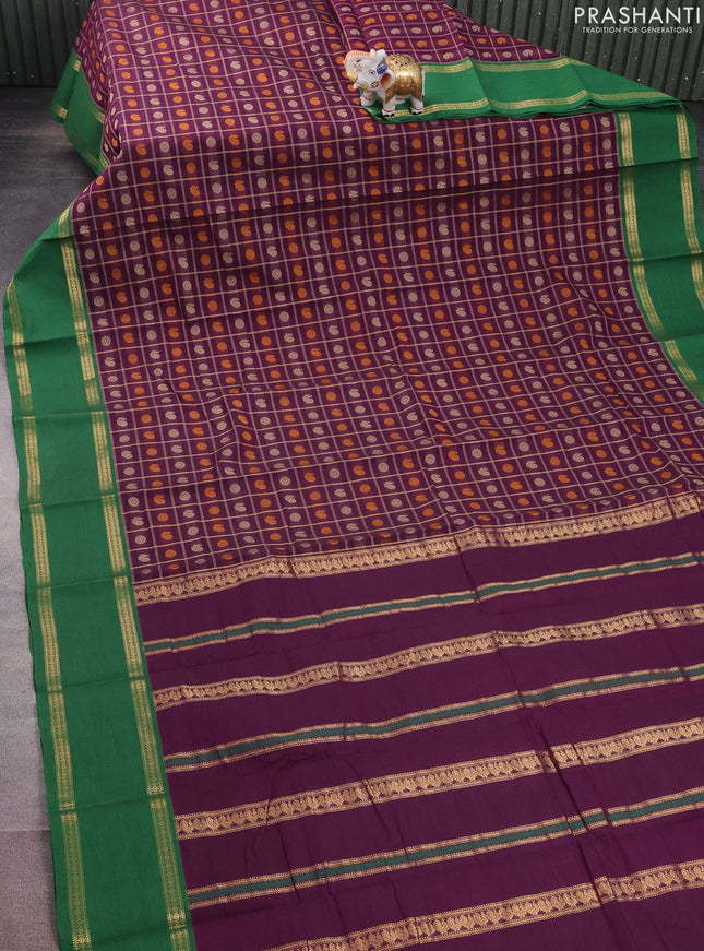 Kanchi cotton saree purple and green with allover thread checks & 1000 buttas and rettapet zari woven border