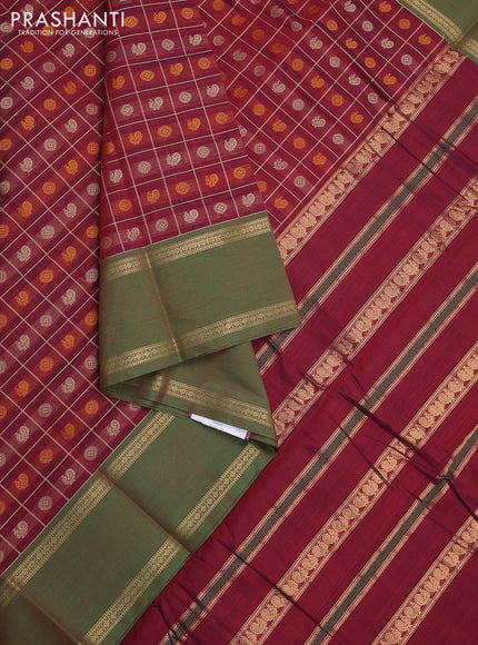 Kanchi cotton saree maroon and green with allover thread checks & 1000 buttas and rettapet zari woven border