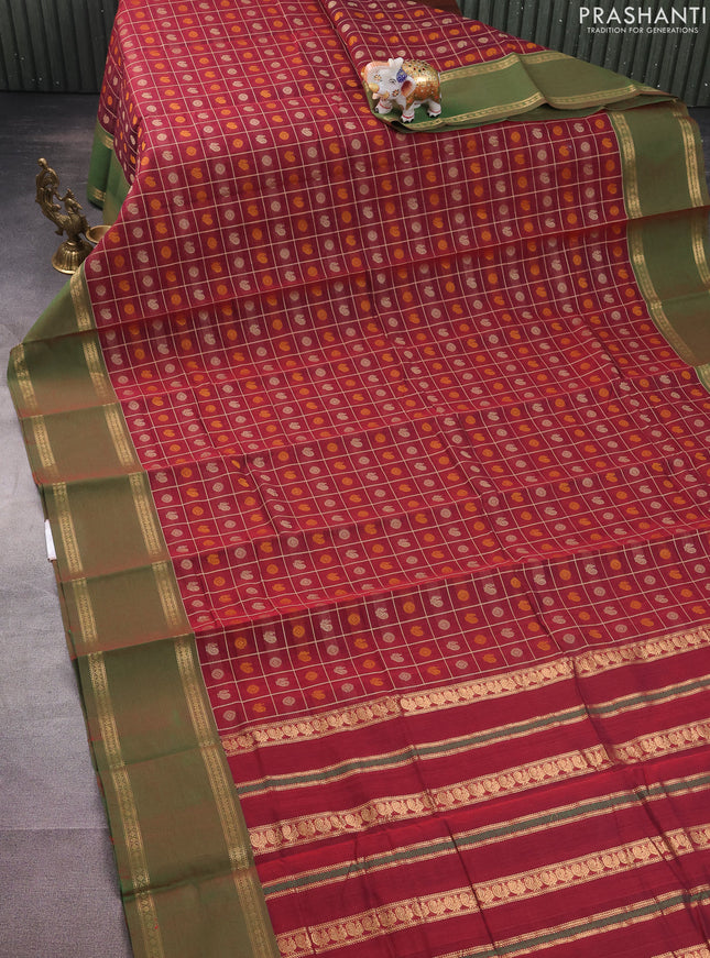 Kanchi cotton saree maroon and green with allover thread checks & 1000 buttas and rettapet zari woven border