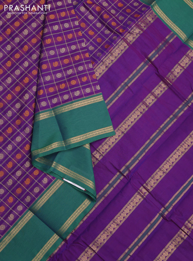 Kanchi cotton saree violet and green with allover thread checks & 1000 buttas and rettapet zari woven border