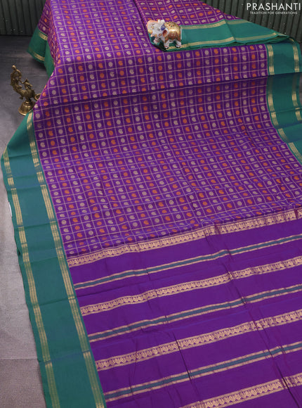 Kanchi cotton saree violet and green with allover thread checks & 1000 buttas and rettapet zari woven border