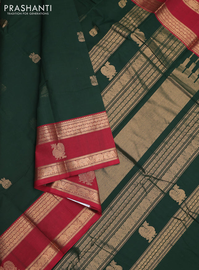 Kanchi cotton saree green and maroon with zari woven buttas and rettapet zari woven border