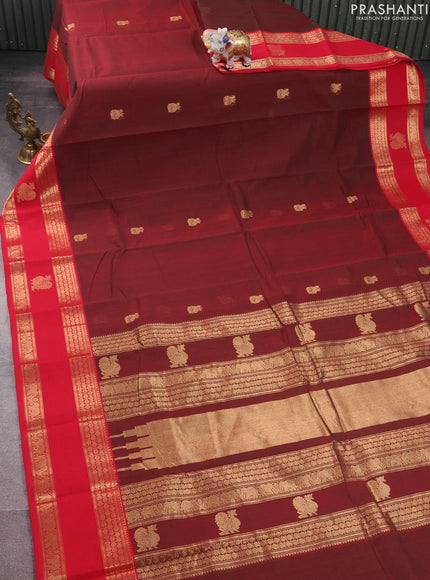 Kanchi cotton saree maroon and red with zari woven buttas and rettapet zari woven border