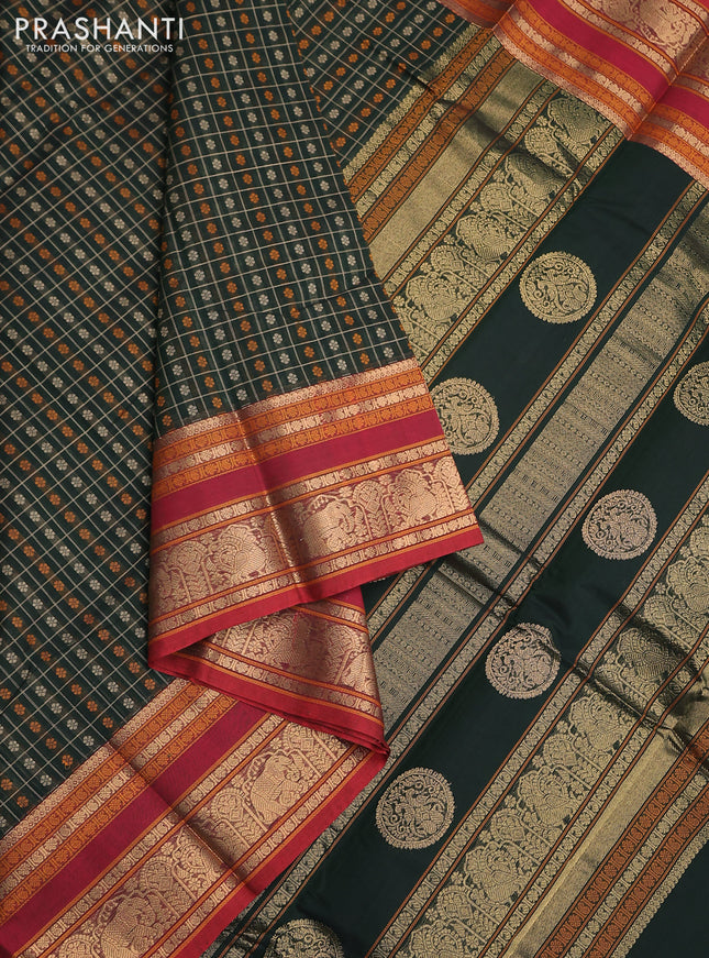 Kanchi cotton saree bottle green and maroon with allover thread checks & 1000 buttas and rettapet zari woven border