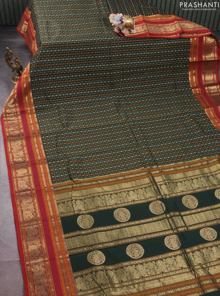 Kanchi cotton saree bottle green and maroon with allover thread checks & 1000 buttas and rettapet zari woven border