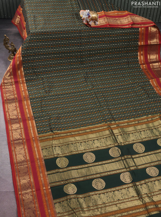 Kanchi cotton saree bottle green and maroon with allover thread checks & 1000 buttas and rettapet zari woven border