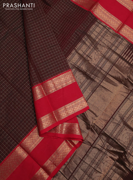 Kanchi cotton saree manthulir green and red with allover zari checked pattern and rettapet zari woven border