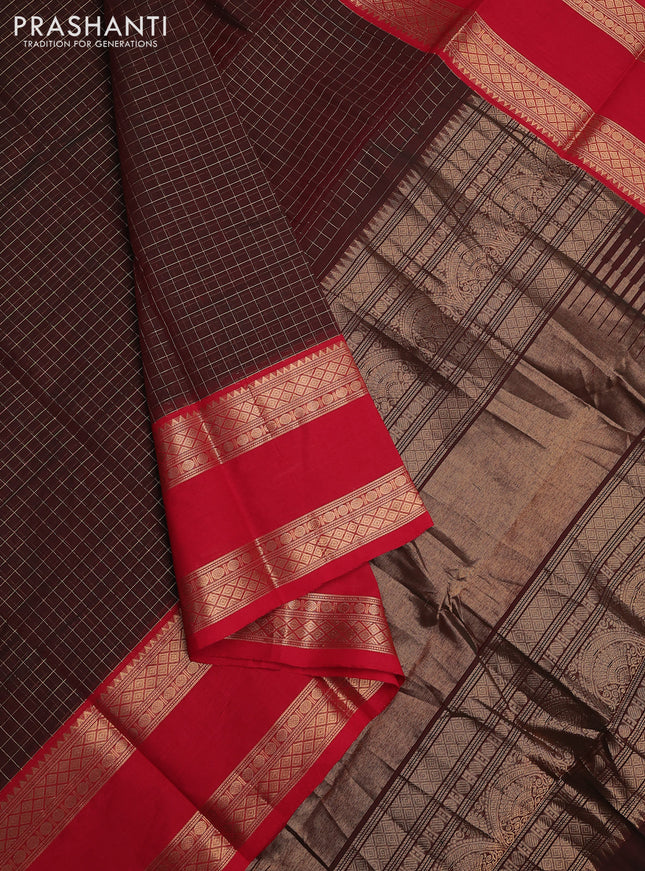 Kanchi cotton saree manthulir green and red with allover zari checked pattern and rettapet zari woven border