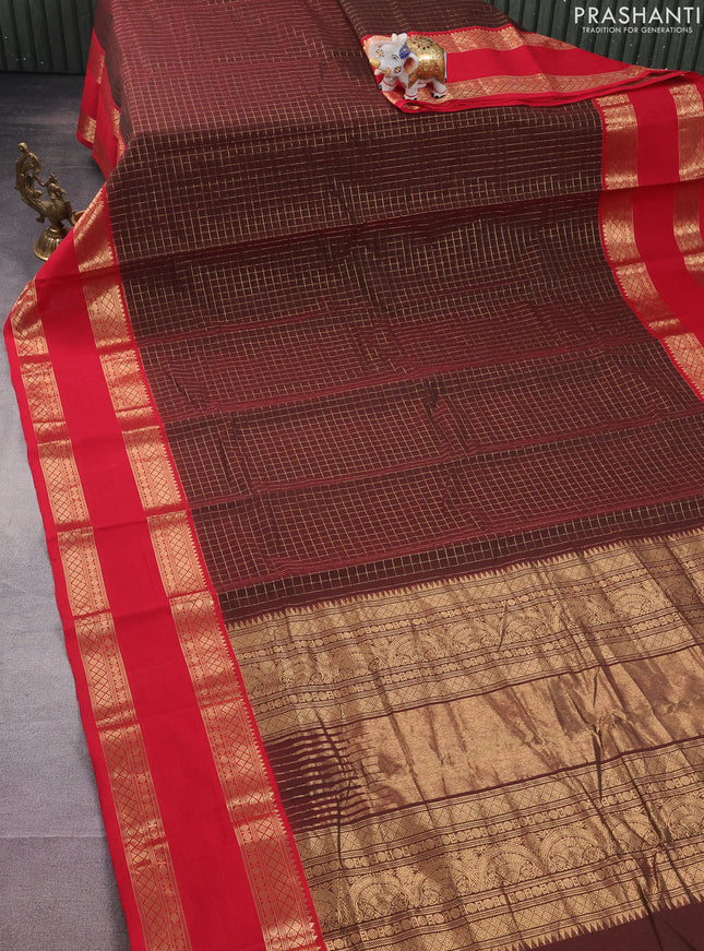 Kanchi cotton saree manthulir green and red with allover zari checked pattern and rettapet zari woven border