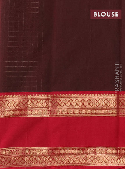 Kanchi cotton saree manthulir green and red with allover zari checked pattern and rettapet zari woven border