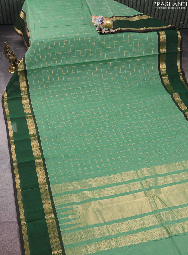 Kanchi cotton saree pastel green and dark green with allover zari checked pattern and rettapet zari woven border
