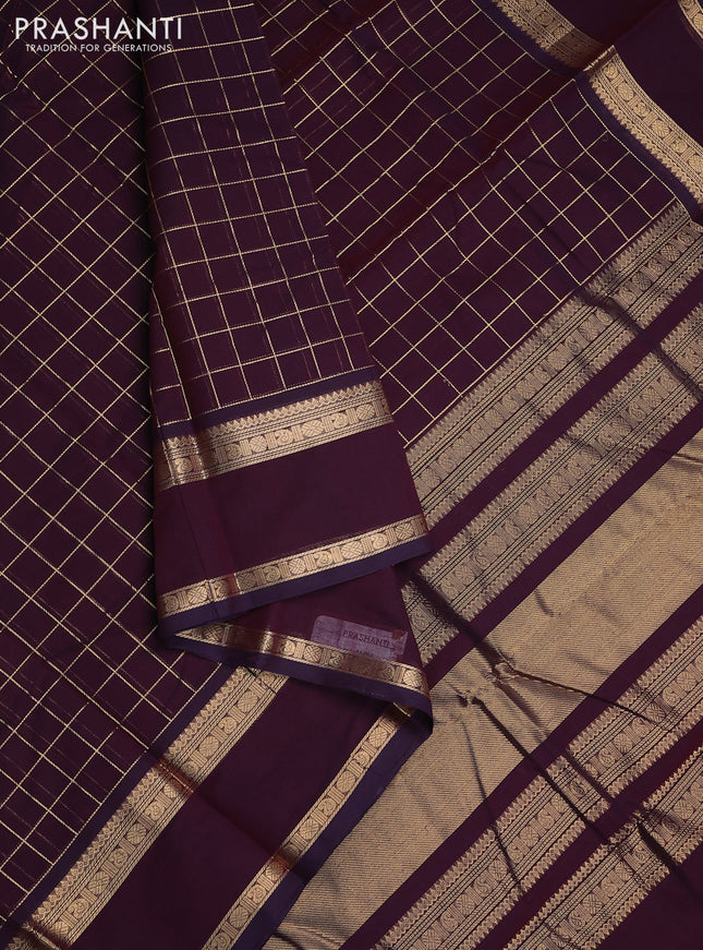 Kanchi cotton saree deep wine shade with allover zari checked pattern and rettapet zari woven border